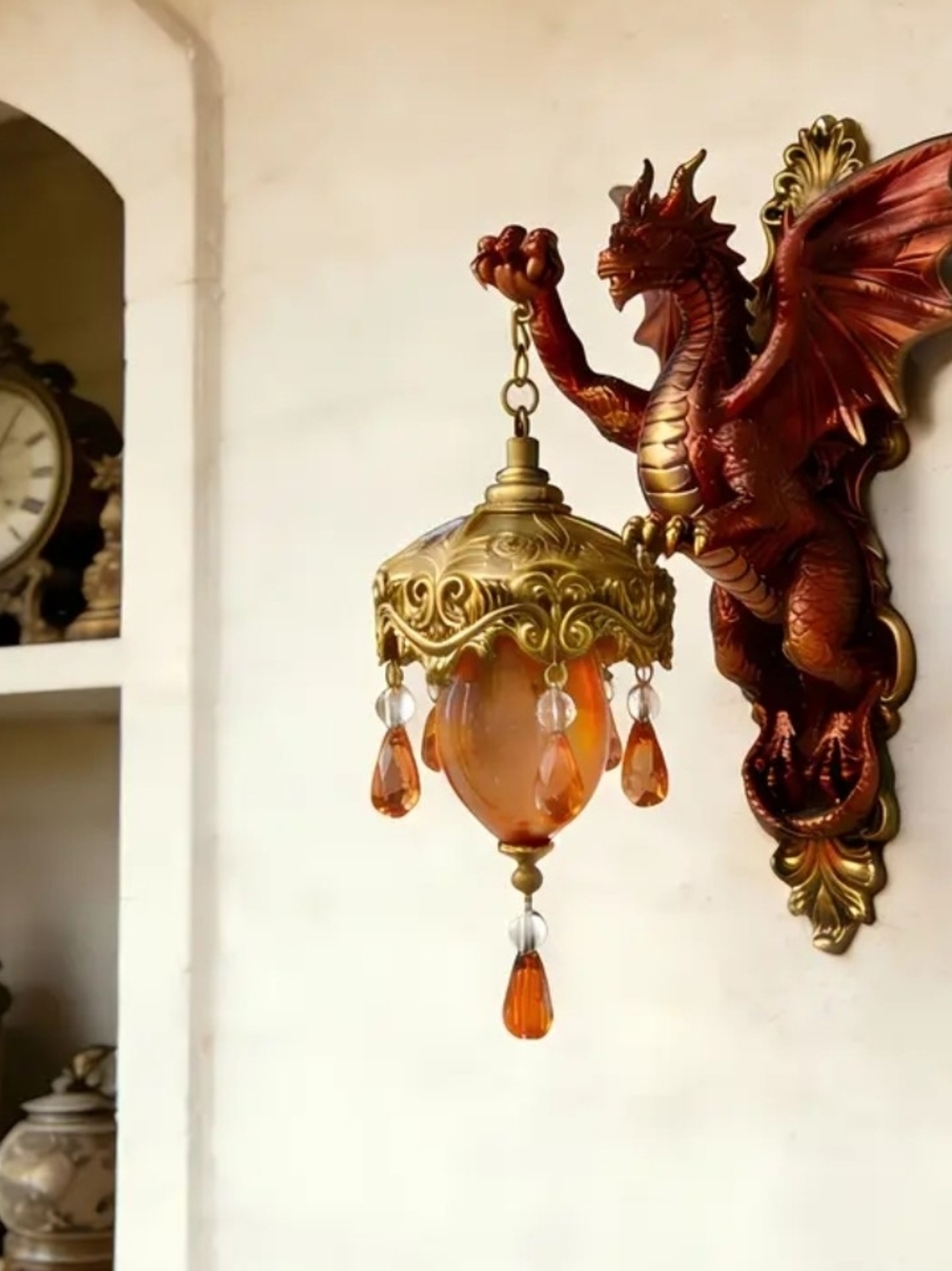 Dragon Wall Sconce with Ornate Gold Lantern
